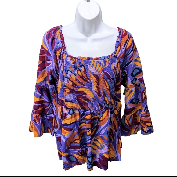 NWT Terra & Sky Smocked Top Womens 14W 3/4 Sleeve Colorful - Picture 6 of 11
